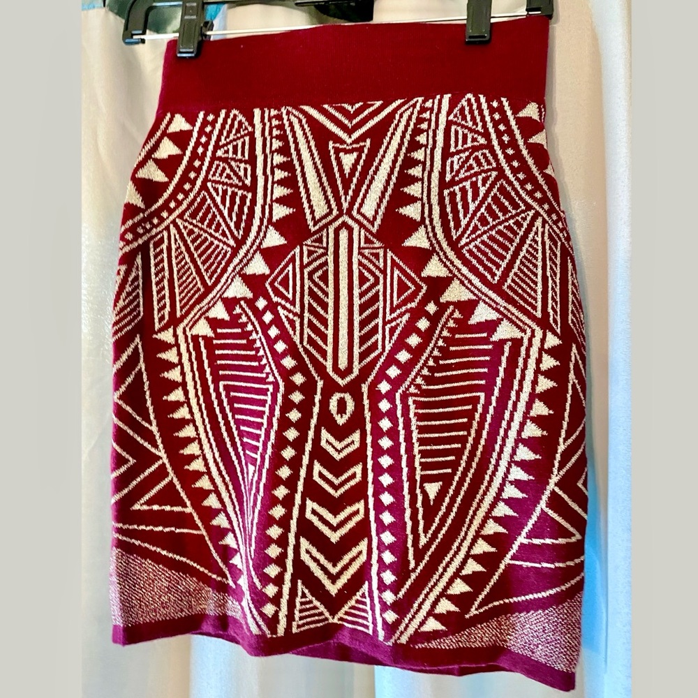 Aztec Tribal Print Skirt- Metallic Silver on Burgundy. Sweater fabric, stretchy
